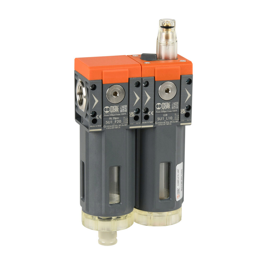 5U13F20L103 - Metal Work Syntesi Size 1 pneumatic combination unit, filter-lubricator, 3/8in female NPT inlet(s), 3/8in female NPT outlet(s), clear technopolymer bowl, manual/semi-automatic drain.