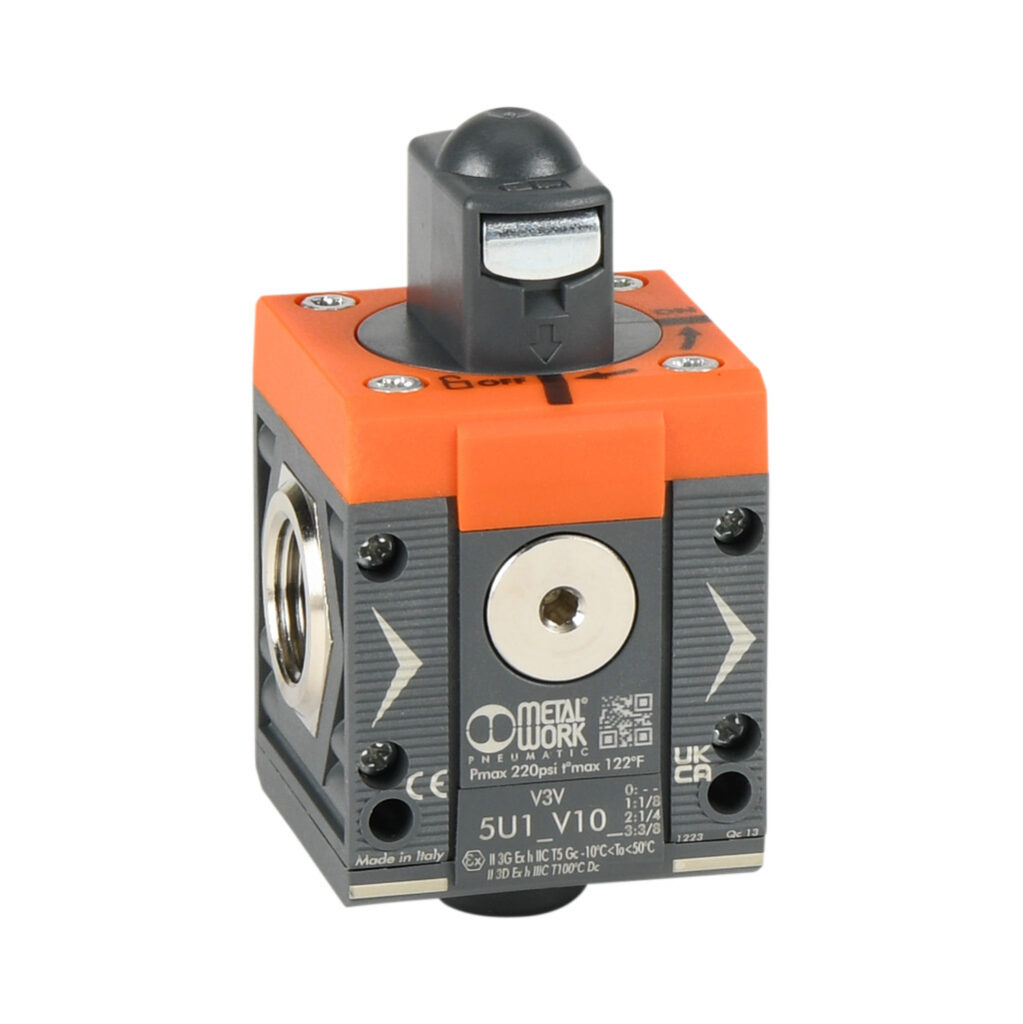 5U13V103 - Metal Work shut-off valve, 3-port (3-way), 2-position, twist, N.C., 3/8in female NPT inlet(s), 3/8in female NPT outlet(s), G1/8 female BSPP exhaust(s), Cv=1.6. For use with Syntesi Size 1 air prep components.
