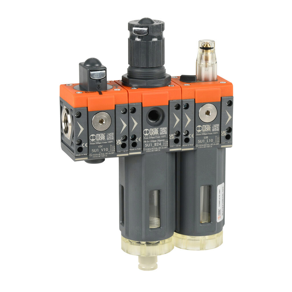 5U13V10B24L103 - Metal Work Syntesi Size 1 air combination unit, valve-filter-regulator-lubricator, 3/8in female NPT inlet(s), 3/8in female NPT outlet(s), 0-120 psig range, clear technopolymer bowl, manual/semi-automatic drain, manual shutoff valve.