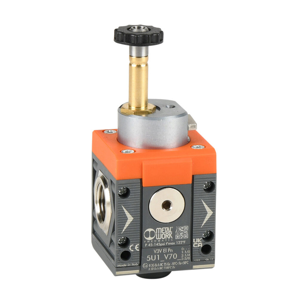 5U13V703 - Metal Work shut-off valve, 3-port (3-way), 2-position, single solenoid spring return, N.C., 3/8in female NPT inlet(s), 3/8in female NPT outlet(s), G1/8 female BSPP exhaust(s), Cv=1.6. For use with Syntesi Size 1 air prep components.