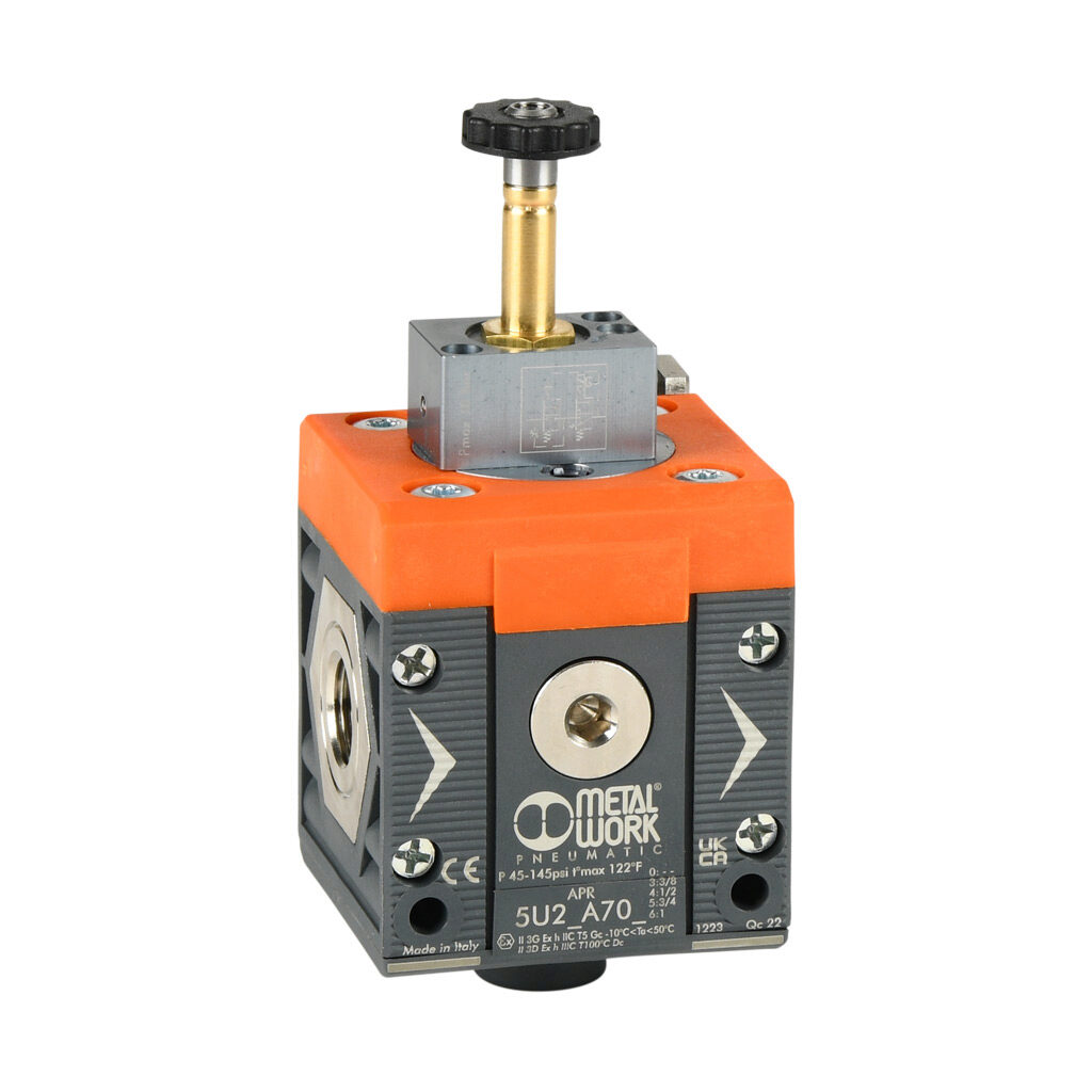 5U23A703 - Metal Work soft start valve, 3-port (3-way), 2-position, single solenoid spring return, N.C., 3/8in female NPT inlet(s), 3/8in female NPT outlet(s), G1/4 female BSPP exhaust(s), Cv=4.1. For use with Syntesi Size 2 air prep components.