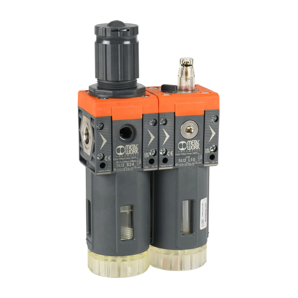 5U23B24L103 - Metal Work Syntesi Size 2 air combination unit, filter-regulator-lubricator, 3/8in female NPT inlet(s), 3/8in female NPT outlet(s), 0-120 psig range, clear technopolymer bowl, manual/semi-automatic drain.