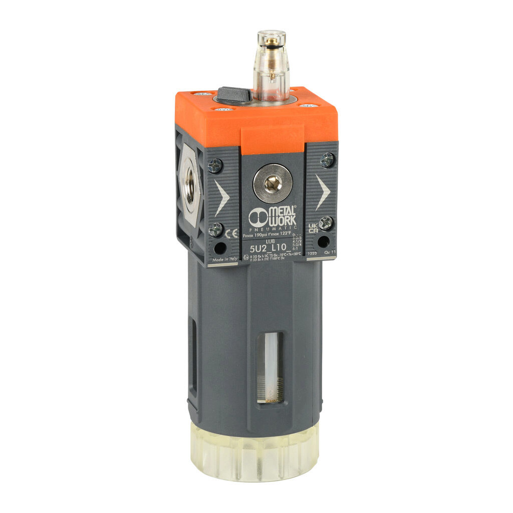 5U23L103 - Metal Work Syntesi Size 2 pneumatic lubricator, 3/8in female NPT inlet(s), 3/8in female NPT outlet(s), clear technopolymer bowl, bowl guard.