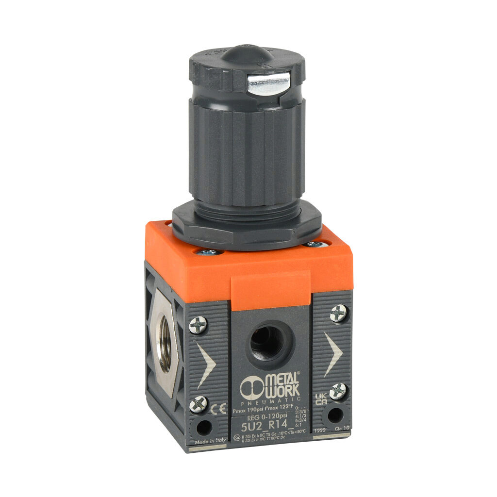 5U23R143 - Metal Work Syntesi Size 2 air regulator, 3/8in female NPT inlet(s), 3/8in female NPT outlet(s), 0-120 psig range.