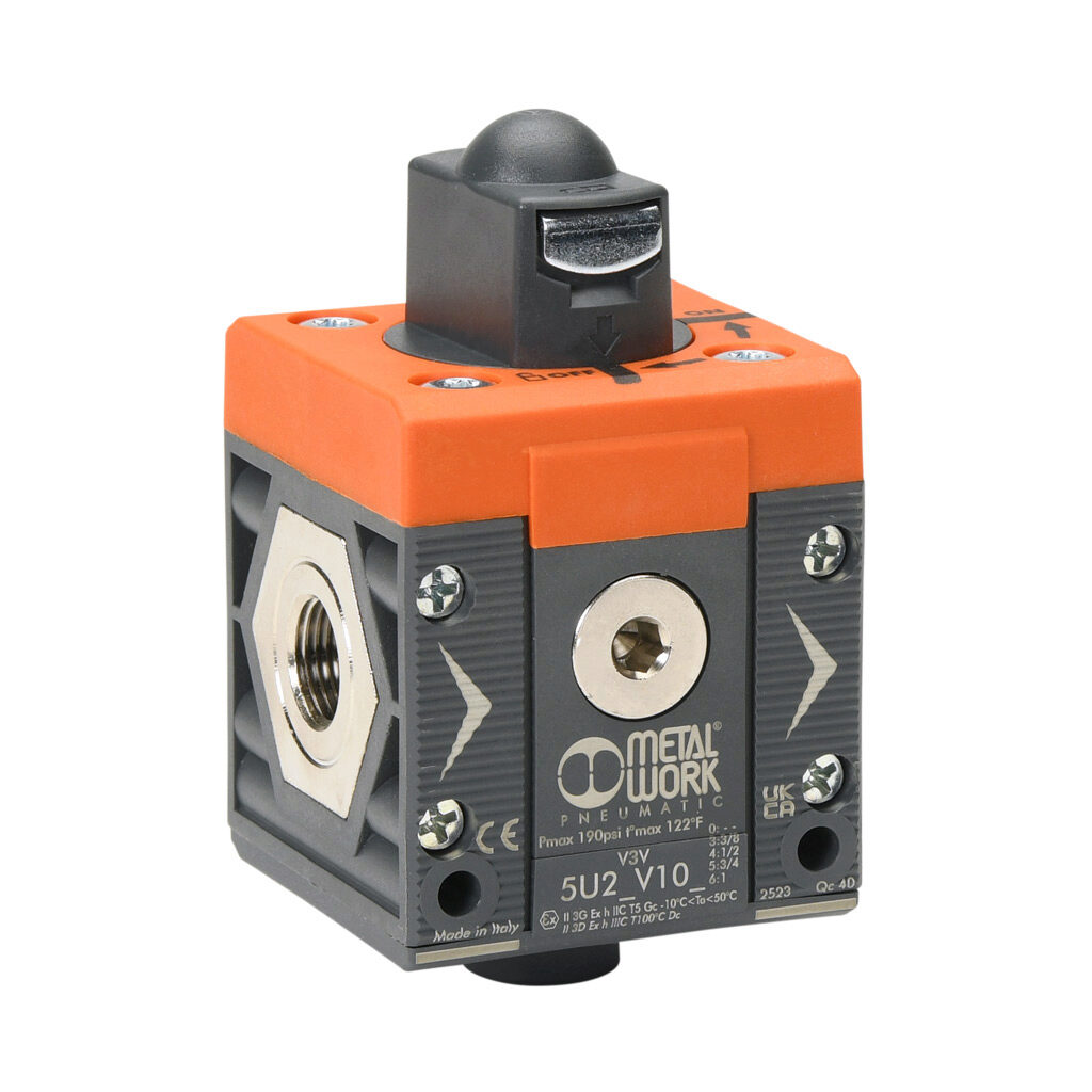 5U23V103 - Metal Work shut-off valve, 3-port (3-way), 2-position, twist, N.C., 3/8in female NPT inlet(s), 3/8in female NPT outlet(s), G1/4 female BSPP exhaust(s), Cv=4.1. For use with Syntesi Size 2 air prep components.
