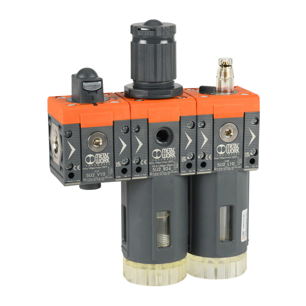 5U23V10B24L103 - Metal Work Syntesi Size 2 air combination unit, valve-filter-regulator-lubricator, 3/8in female NPT inlet(s), 3/8in female NPT outlet(s), 0-120 psig range, clear technopolymer bowl, manual/semi-automatic drain, manual shutoff valve.