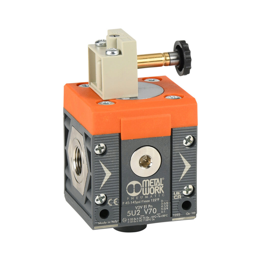 5U23V703 - Metal Work shut-off valve, 3-port (3-way), 2-position, single solenoid spring return, N.C., 3/8in female NPT inlet(s), 3/8in female NPT outlet(s), G1/4 female BSPP exhaust(s), Cv=4.1. For use with Syntesi Size 2 air prep components.