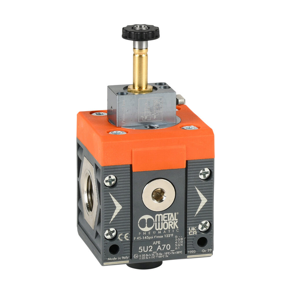 5U24A704 - Metal Work soft start valve, 3-port (3-way), 2-position, single solenoid spring return, N.C., 1/2in female NPT inlet(s), 1/2in female NPT outlet(s), G1/4 female BSPP exhaust(s), Cv=5.3. For use with Syntesi Size 2 air prep components.