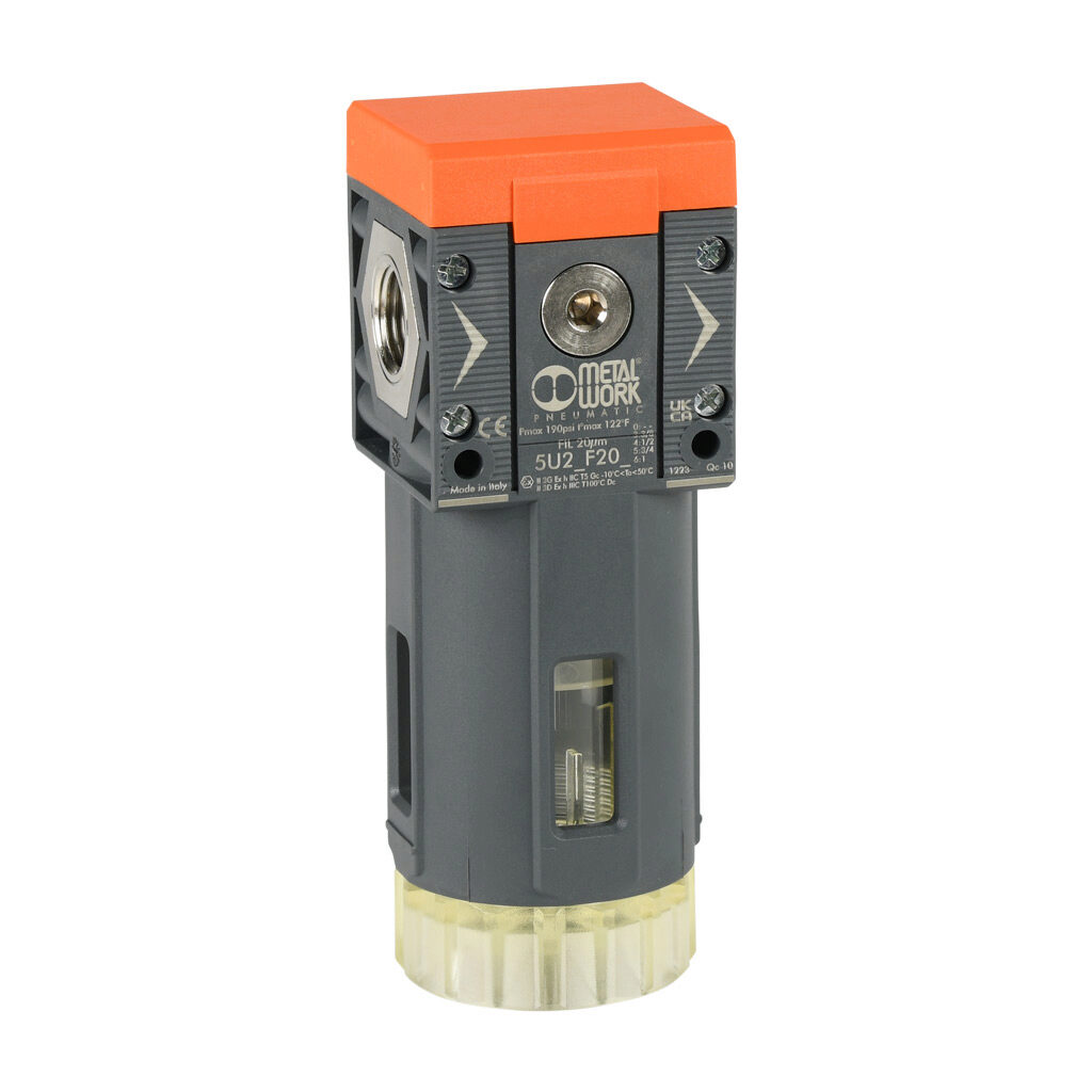 5U24F204 - Metal Work Syntesi Size 2 air filter, particulate and moisture separation, 1/2in female NPT inlet(s), 1/2in female NPT outlet(s), manual/semi-automatic drain, clear technopolymer bowl, bowl guard.