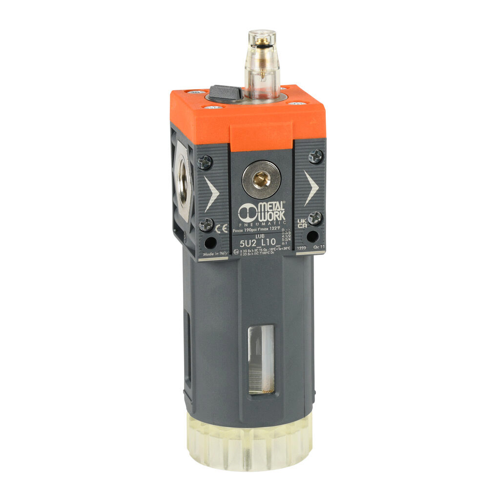 5U24L104 - Metal Work Syntesi Size 2 pneumatic lubricator, 1/2in female NPT inlet(s), 1/2in female NPT outlet(s), clear technopolymer bowl, bowl guard.