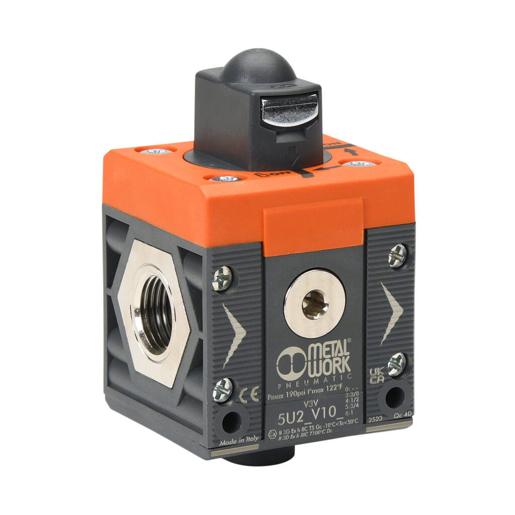 5U24V104 - Metal Work shut-off valve, 3-port (3-way), 2-position, twist, N.C., 1/2in female NPT inlet(s), 1/2in female NPT outlet(s), G1/4 female BSPP exhaust(s), Cv=4.4. For use with Syntesi Size 2 air prep components.
