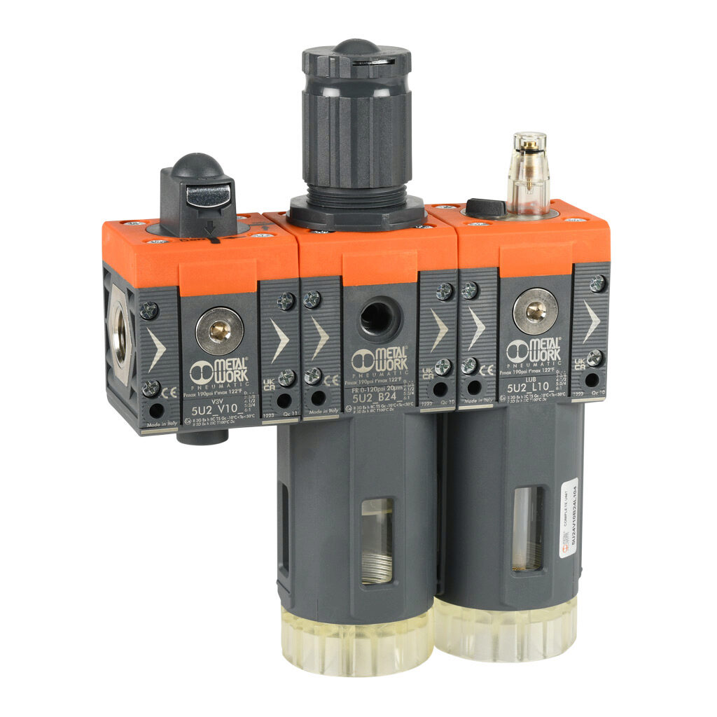 5U24V10B24L104 - Metal Work Syntesi Size 2 air combination unit, valve-filter-regulator-lubricator, 1/2in female NPT inlet(s), 1/2in female NPT outlet(s), 0-120 psig range, clear technopolymer bowl, manual/semi-automatic drain, manual shutoff valve.