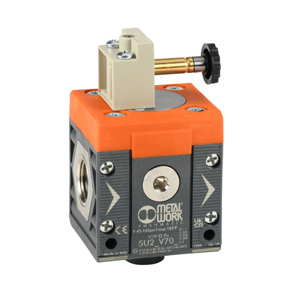 5U24V704 - Metal Work shut-off valve, 3-port (3-way), 2-position, single solenoid spring return, N.C., 1/2in female NPT inlet(s), 1/2in female NPT outlet(s), G1/4 female BSPP exhaust(s), Cv=4.4. For use with Syntesi Size 2 air prep components.