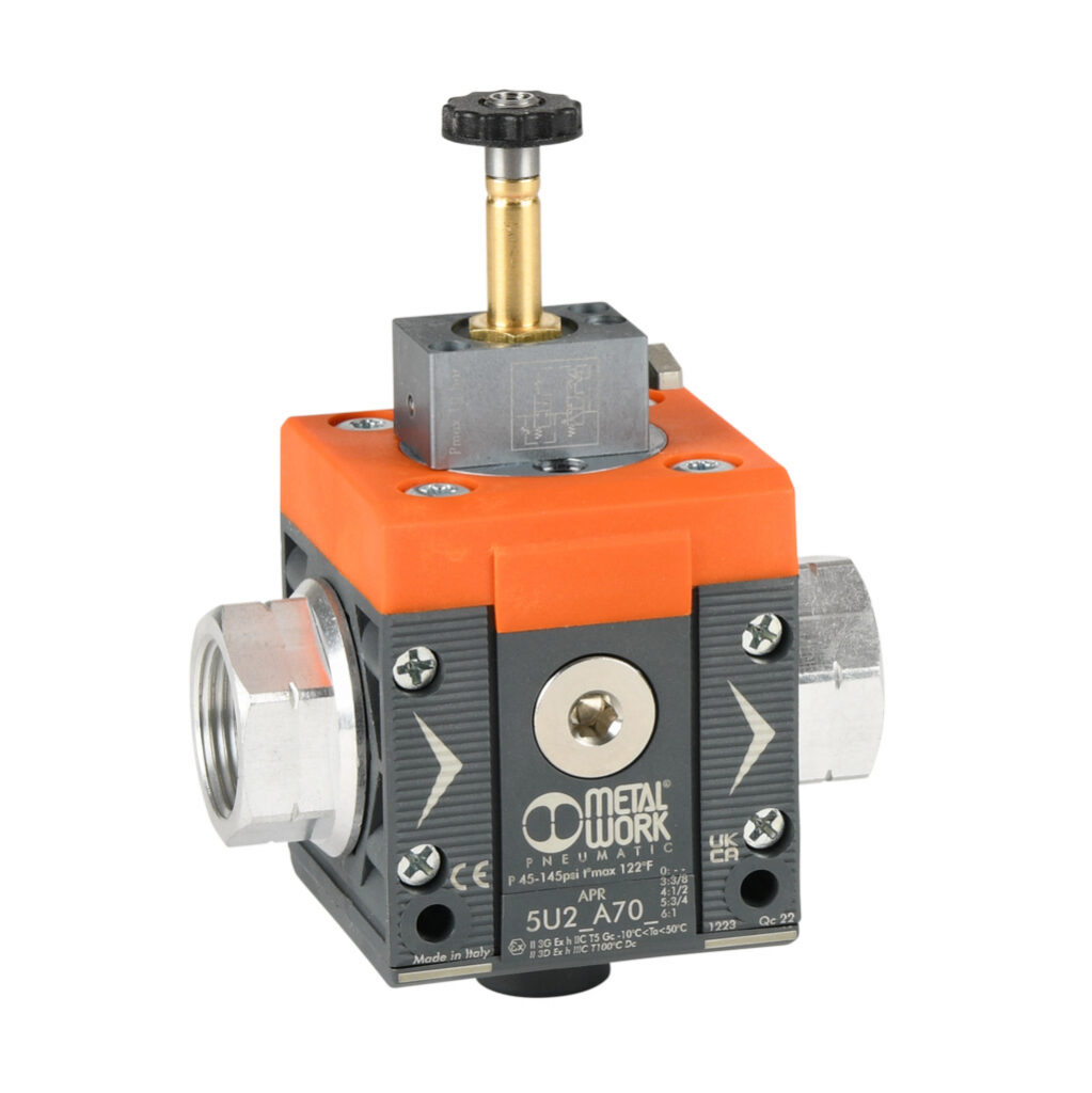 5U25A705 - Metal Work soft start valve, 3-port (3-way), 2-position, single solenoid spring return, N.C., 3/4in female NPT inlet(s), 3/4in female NPT outlet(s), G1/4 female BSPP exhaust(s), Cv=5.3. For use with Syntesi Size 2 air prep components.