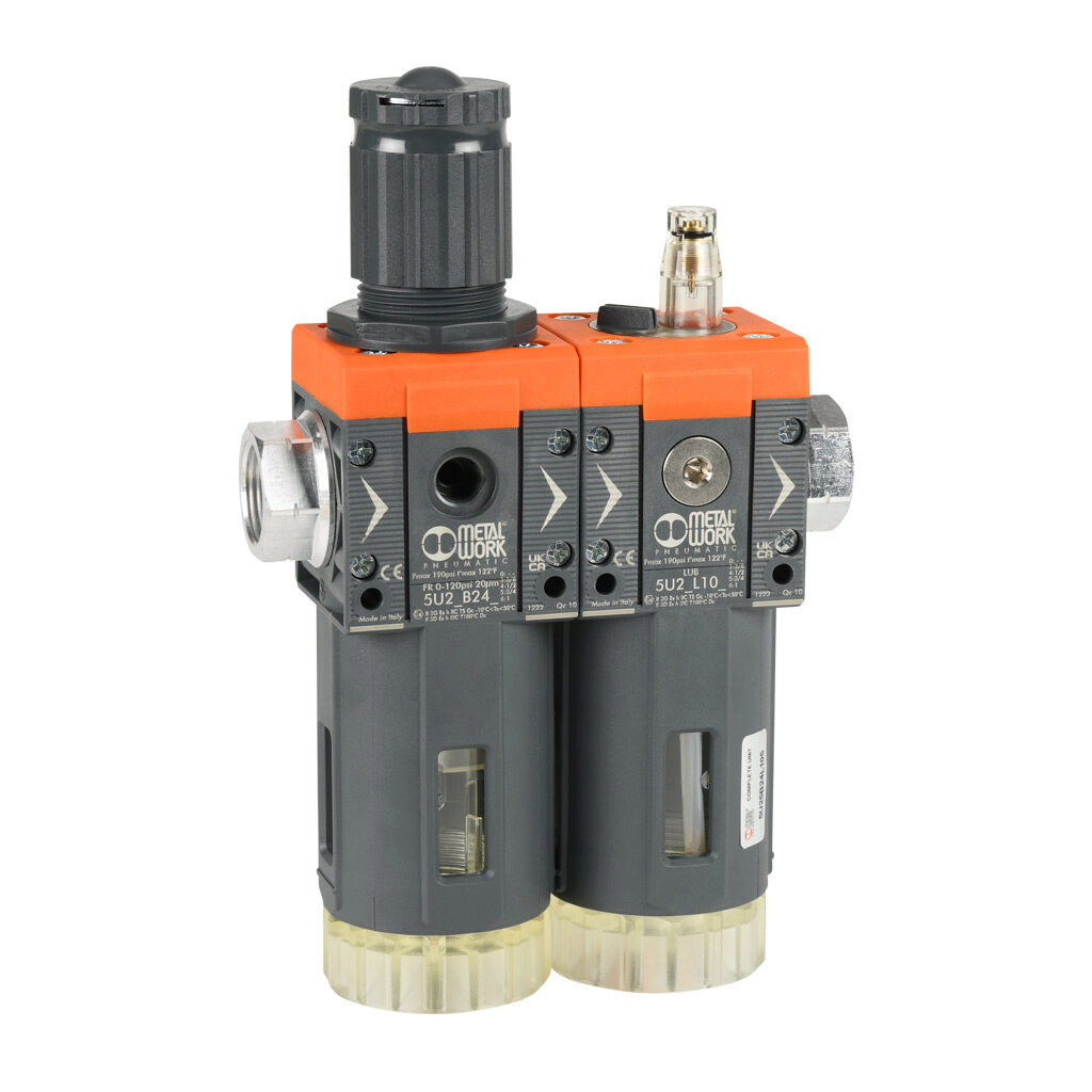 5U25B24L105 - Metal Work Syntesi Size 2 air combination unit, filter-regulator-lubricator, 3/4in female NPT inlet(s), 3/4in female NPT outlet(s), 0-120 psig range, clear technopolymer bowl, manual/semi-automatic drain.