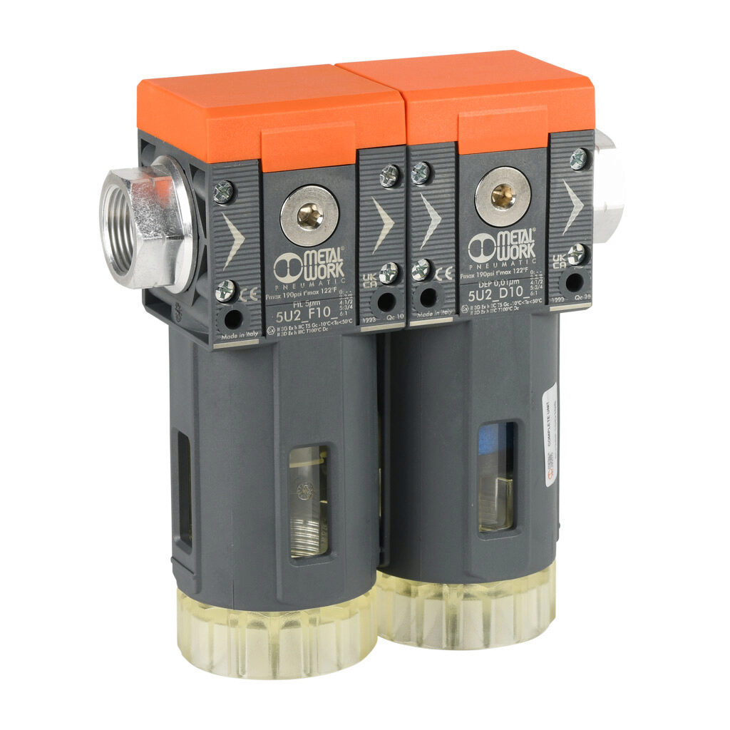 5U25F10D105 - Metal Work Syntesi Size 2 pneumatic combination unit, filter-coalescing filter, 3/4in female NPT inlet(s), 3/4in female NPT outlet(s), clear technopolymer bowl, manual/semi-automatic drain.