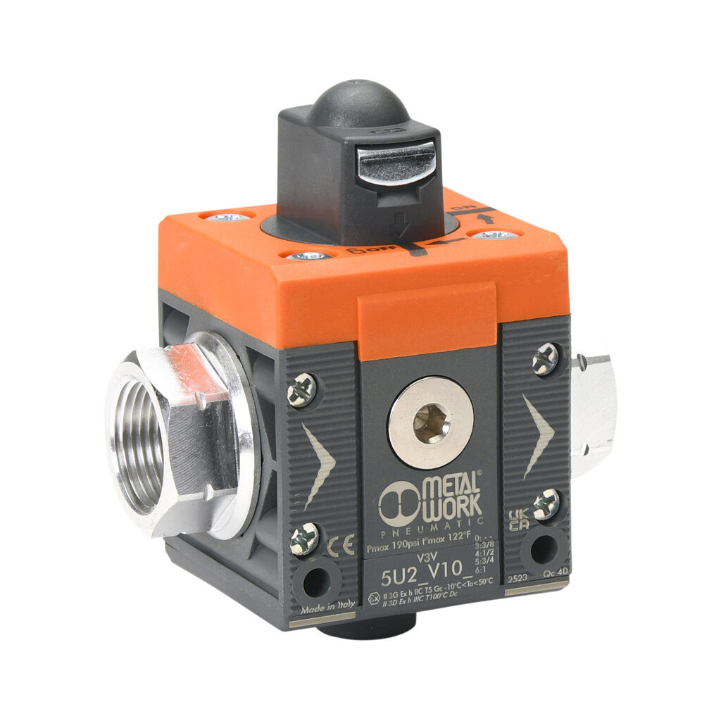 5U25V105 - Metal Work shut-off valve, 3-port (3-way), 2-position, twist, N.C., 3/4in female NPT inlet(s), 3/4in female NPT outlet(s), G1/4 female BSPP exhaust(s), Cv=4.4. For use with Syntesi Size 2 air prep components.