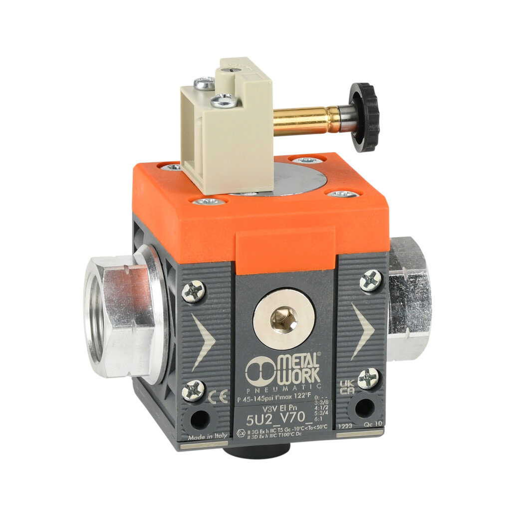 5U25V705 - Metal Work shut-off valve, 3-port (3-way), 2-position, single solenoid spring return, N.C., 3/4in female NPT inlet(s), 3/4in female NPT outlet(s), G1/4 female BSPP exhaust(s), Cv=4.4. For use with Syntesi Size 2 air prep components.