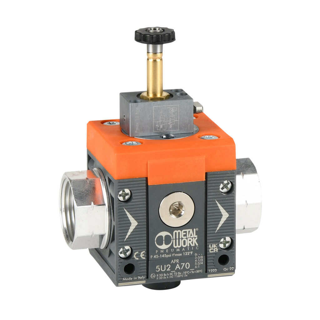 5U26A706 - Metal Work soft start valve, 3-port (3-way), 2-position, single solenoid spring return, N.C., 1in female NPT inlet(s), 1in female NPT outlet(s), G1/4 female BSPP exhaust(s), Cv=5.3. For use with Syntesi Size 2 air prep components.