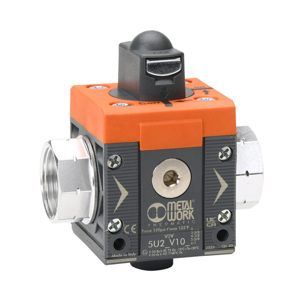 5U26V106 - Metal Work shut-off valve, 3-port (3-way), 2-position, twist, N.C., 1in female NPT inlet(s), 1in female NPT outlet(s), G1/4 female BSPP exhaust(s), Cv=4.4. For use with Syntesi Size 2 air prep components.