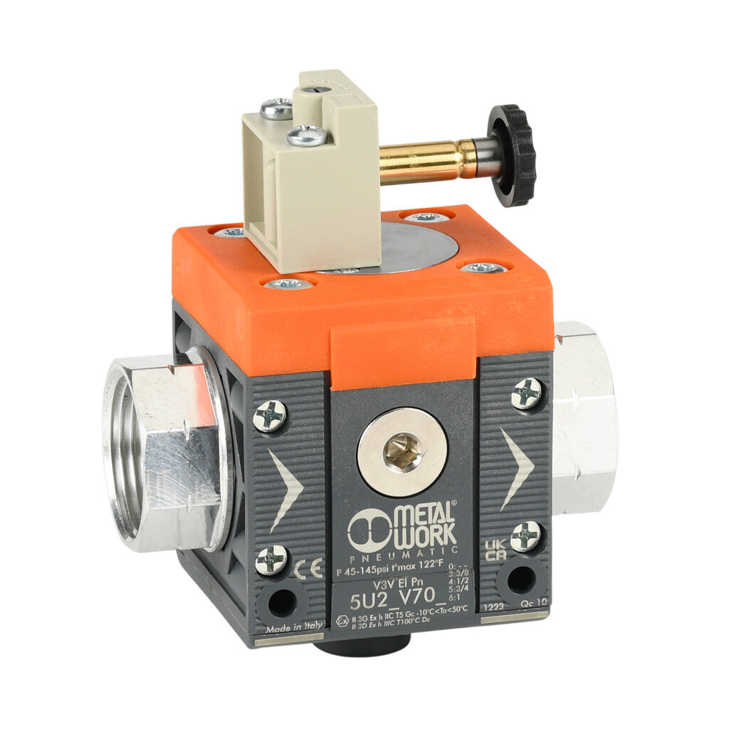 5U26V706 - Metal Work shut-off valve, 3-port (3-way), 2-position, single solenoid spring return, N.C., 1in female NPT inlet(s), 1in female NPT outlet(s), G1/4 female BSPP exhaust(s), Cv=4.4. For use with Syntesi Size 2 air prep components.