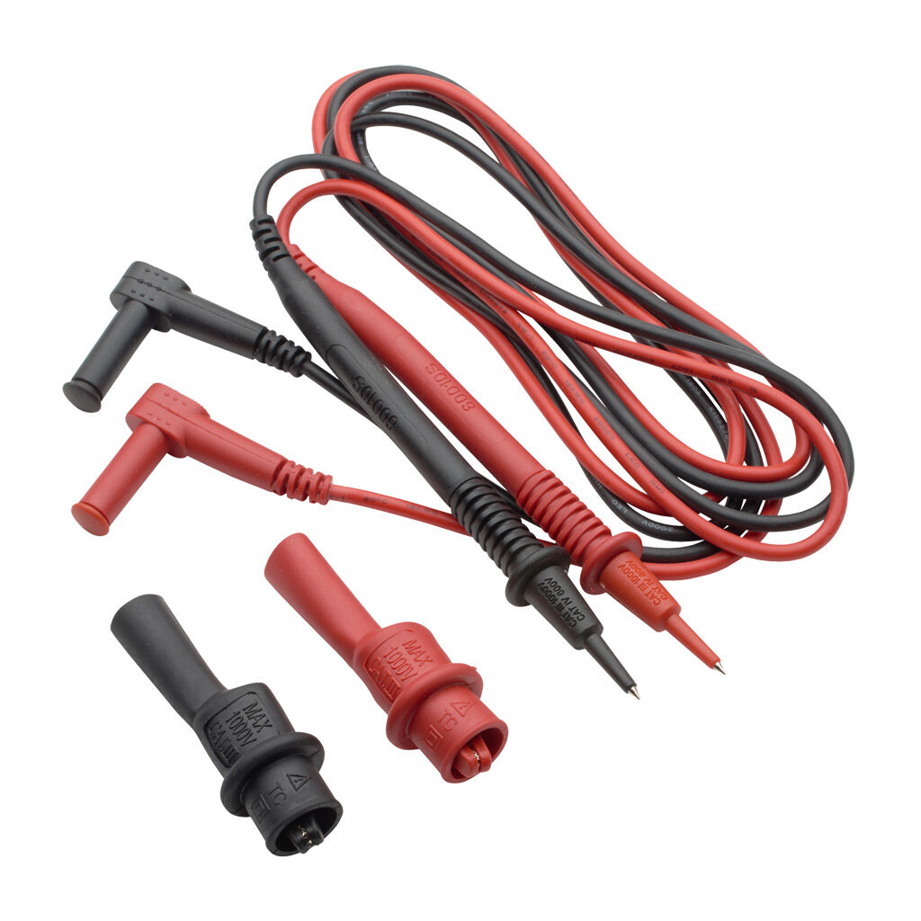 60010S - Southwire test lead set, CAT IV 600V/CAT lll 1000V, 48in length. For use with all Southwire meters except for the 10010S Analog Multimeter. Alligator clip adapters included.