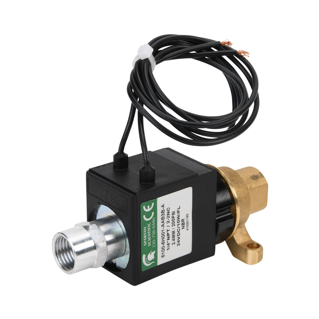 6100-6H001-AAB3B-A - Spartan solenoid valve, 2-way, 2-position, N.C., low lead brass body, FKM seal(s), 1/4in female NPT inlet(s), 1/4in female NPT outlet(s), Cv=0.24, vacuum minimum operating pressure, 24 VDC operating voltage, 18in 22 AWG pigtail.