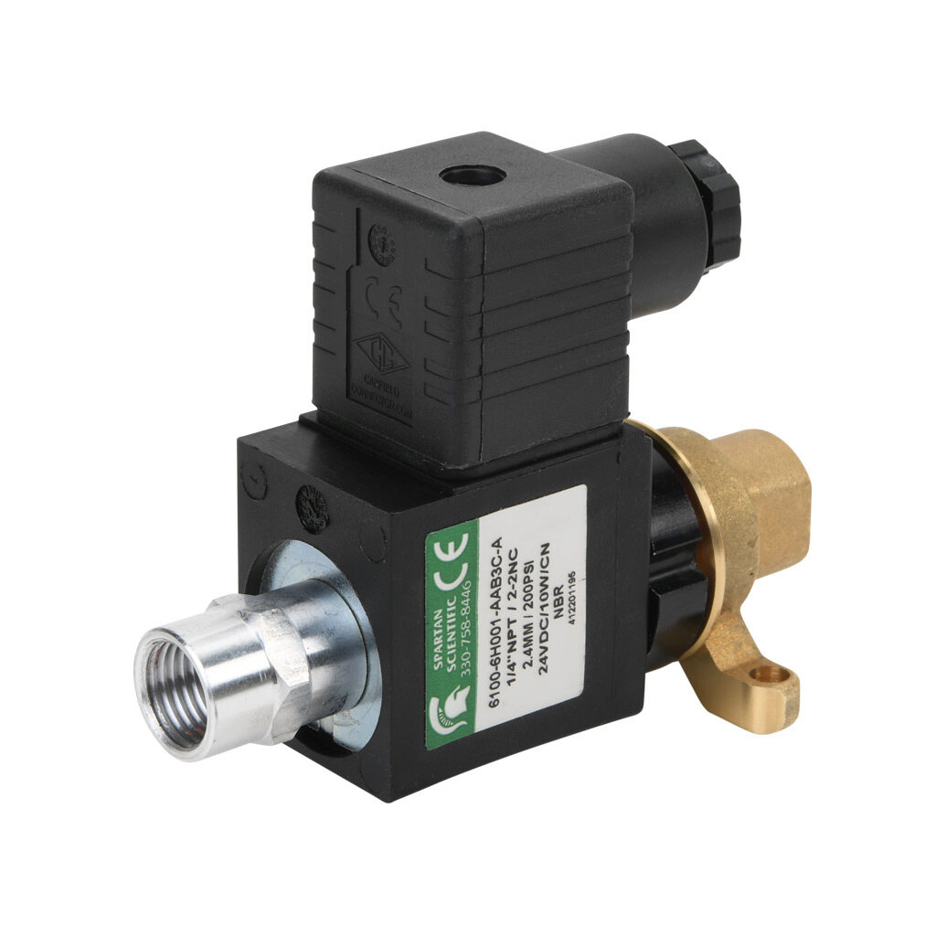 6100-6H001-AAB3C-A - Spartan solenoid valve, 2-way, 2-position, N.C., low lead brass body, FKM seal(s), 1/4in female NPT inlet(s), 1/4in female NPT outlet(s), Cv=0.24, vacuum minimum operating pressure, 24 VDC operating voltage, 18mm DIN style wir...
