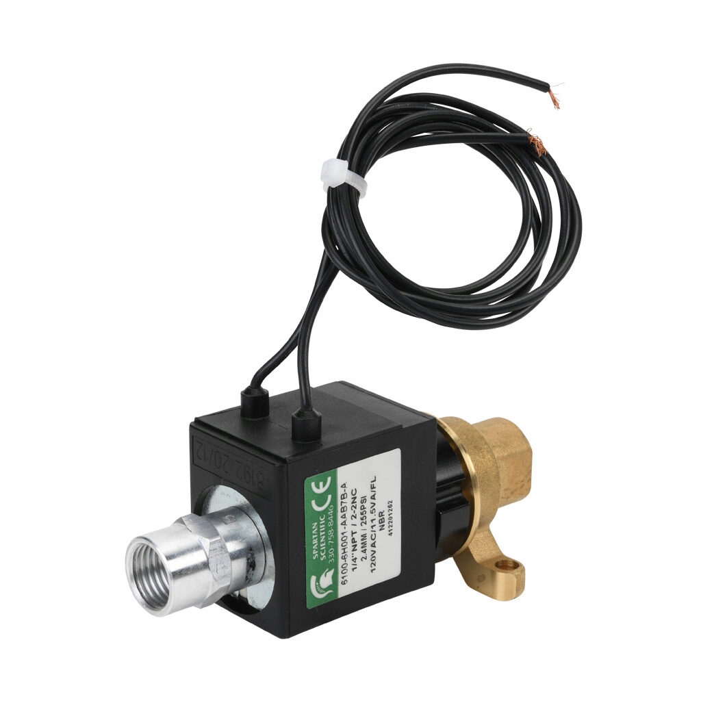 6100-6H001-AAB7B-A - Spartan solenoid valve, 2-way, 2-position, N.C., low lead brass body, FKM seal(s), 1/4in female NPT inlet(s), 1/4in female NPT outlet(s), Cv=0.24, vacuum minimum operating pressure, 120 VAC operating voltage, 18in 22 AWG pigtail.