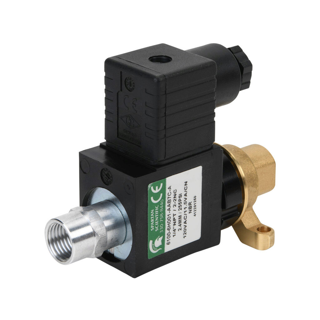6100-6H001-AAB7C-A - Spartan solenoid valve, 2-way, 2-position, N.C., low lead brass body, FKM seal(s), 1/4in female NPT inlet(s), 1/4in female NPT outlet(s), Cv=0.24, vacuum minimum operating pressure, 120 VAC operating voltage, 18mm DIN style wi...