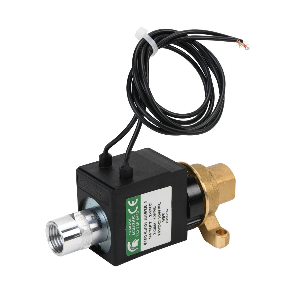 6100-6J001-AAB3B-A - Spartan solenoid valve, 2-way, 2-position, N.C., low lead brass body, FKM seal(s), 1/4in female NPT inlet(s), 1/4in female NPT outlet(s), Cv=0.31, vacuum minimum operating pressure, 24 VDC operating voltage, 18in 22 AWG pigtail.