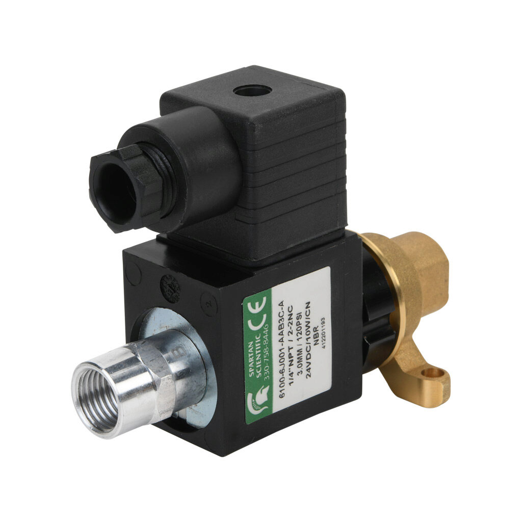 6100-6J001-AAB3C-A - Spartan solenoid valve, 2-way, 2-position, N.C., low lead brass body, FKM seal(s), 1/4in female NPT inlet(s), 1/4in female NPT outlet(s), Cv=0.31, vacuum minimum operating pressure, 24 VDC operating voltage, 18mm DIN style wir...
