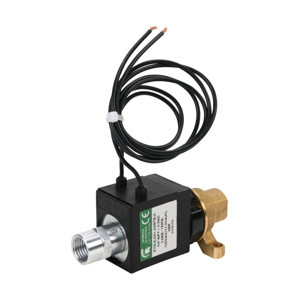 6100-6J001-AAB7B-A - Spartan solenoid valve, 2-way, 2-position, N.C., low lead brass body, FKM seal(s), 1/4in female NPT inlet(s), 1/4in female NPT outlet(s), Cv=0.31, vacuum minimum operating pressure, 120 VAC operating voltage, 18in 22 AWG pigtail.