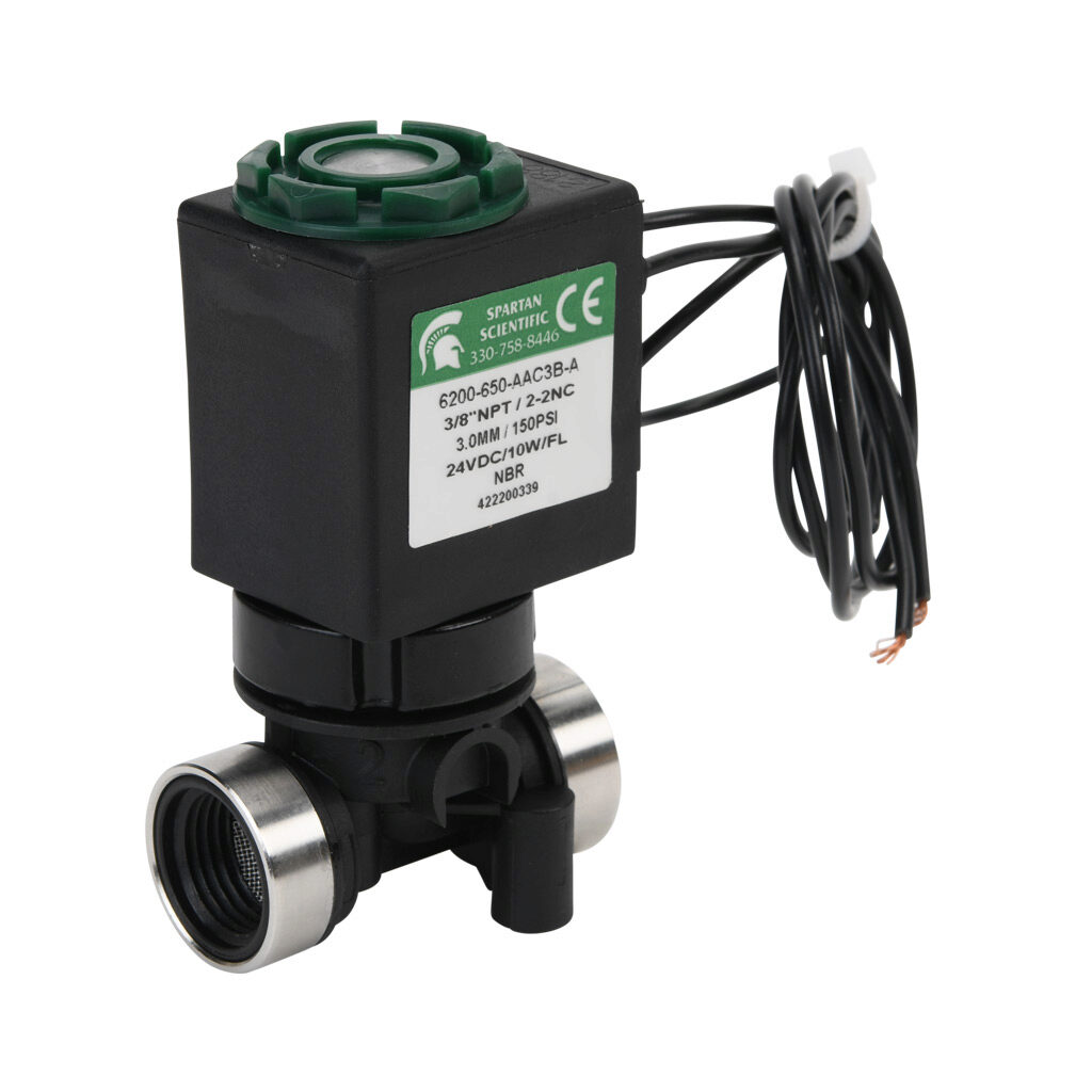 6200-650-AAC3B-A - Spartan solenoid valve, 2-way, 2-position, N.C., glass-filled nylon body, FKM seal(s), 3/8in female NPT inlet(s), 3/8in female NPT outlet(s), Cv=0.31, vacuum minimum operating pressure, 24 VDC operating voltage, 18in 22 AWG pigt...