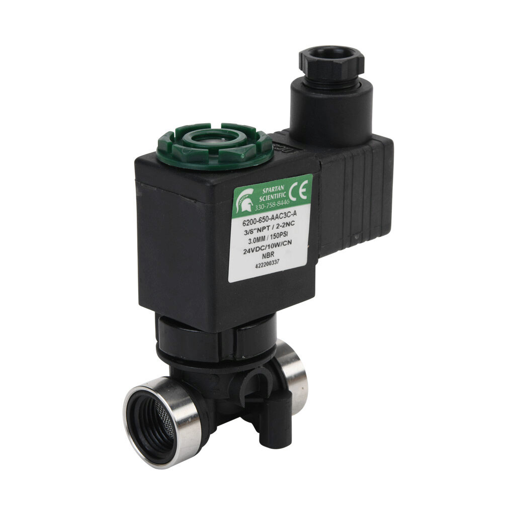 6200-650-AAC3C-A - Spartan solenoid valve, 2-way, 2-position, N.C., glass-filled nylon body, FKM seal(s), 3/8in female NPT inlet(s), 3/8in female NPT outlet(s), Cv=0.31, vacuum minimum operating pressure, 24 VDC operating voltage, 18mm DIN style w...