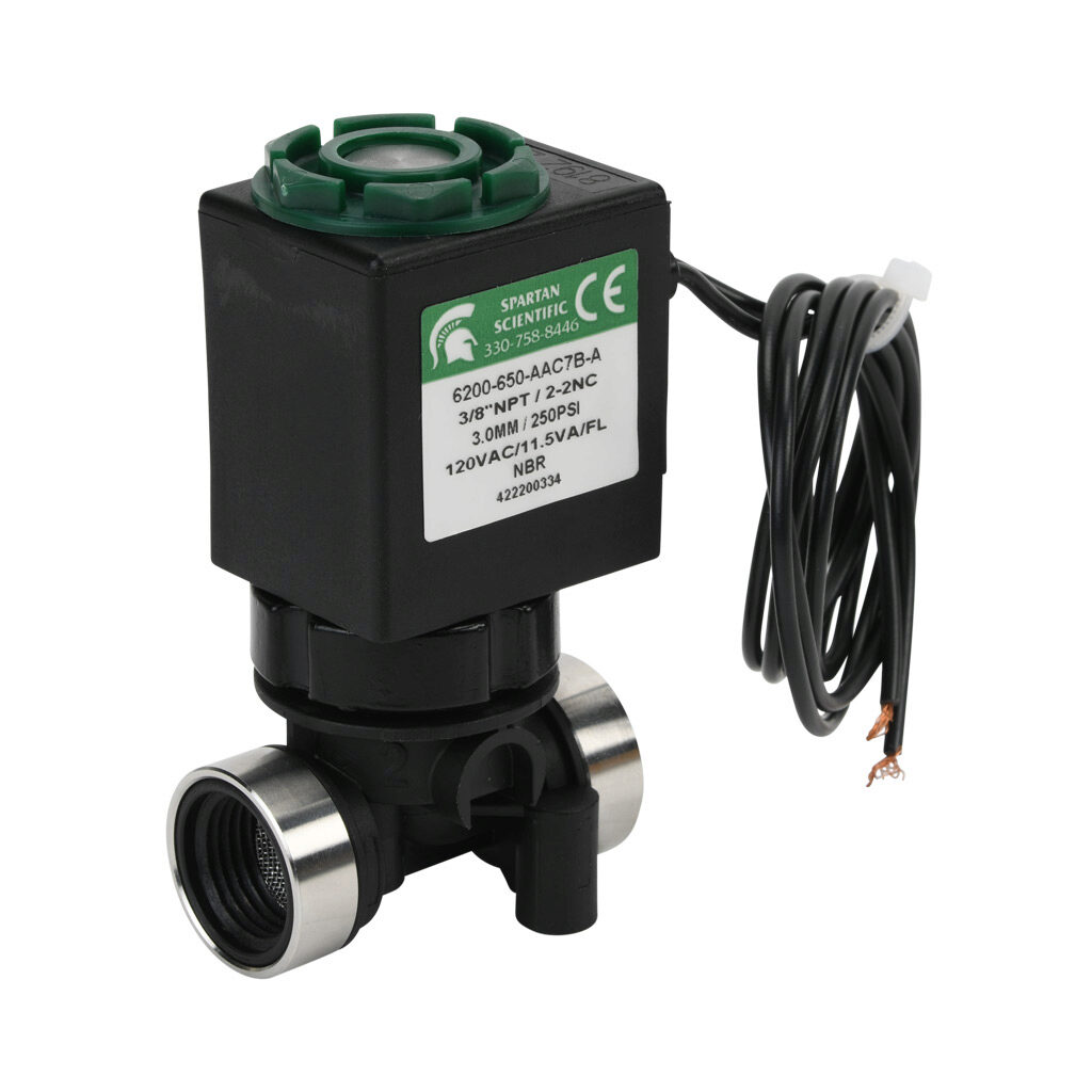 6200-650-AAC7B-A - Spartan solenoid valve, 2-way, 2-position, N.C., glass-filled nylon body, FKM seal(s), 3/8in female NPT inlet(s), 3/8in female NPT outlet(s), Cv=0.31, vacuum minimum operating pressure, 120 VAC operating voltage, 18in 22 AWG pig...