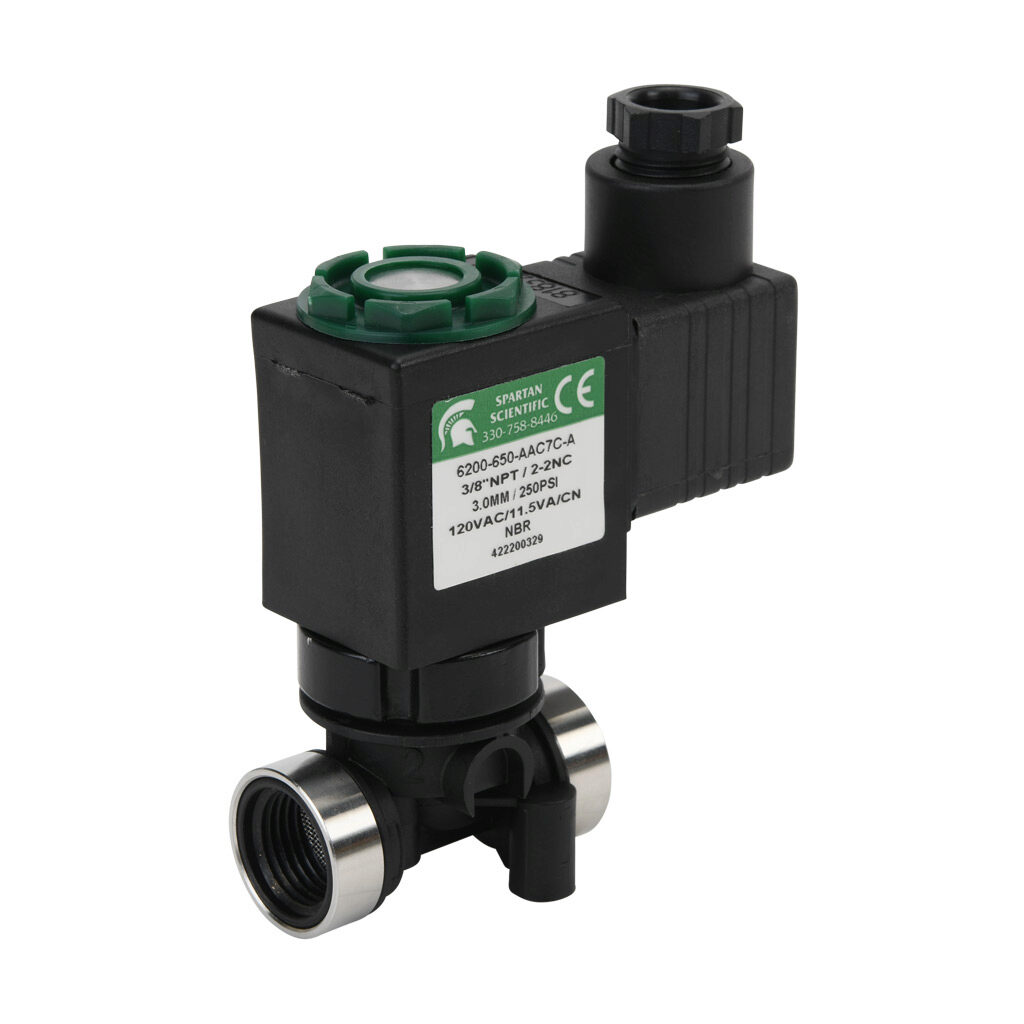 6200-650-AAC7C-A - Spartan solenoid valve, 2-way, 2-position, N.C., glass-filled nylon body, FKM seal(s), 3/8in female NPT inlet(s), 3/8in female NPT outlet(s), Cv=0.31, vacuum minimum operating pressure, 120 VAC operating voltage, 18mm DIN style ...