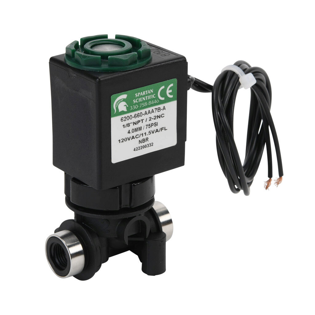 6200-660-AAA7B-A - Spartan solenoid valve, 2-way, 2-position, N.C., glass-filled nylon body, FKM seal(s), 1/8in female NPT inlet(s), 1/8in female NPT outlet(s), Cv=0.52, vacuum minimum operating pressure, 120 VAC operating voltage, 18in 22 AWG pig...