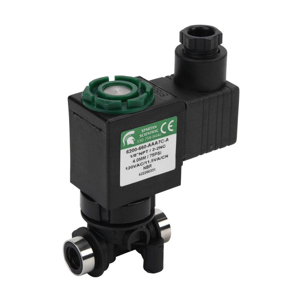 6200-660-AAA7C-A - Spartan solenoid valve, 2-way, 2-position, N.C., glass-filled nylon body, FKM seal(s), 1/8in female NPT inlet(s), 1/8in female NPT outlet(s), Cv=0.52, vacuum minimum operating pressure, 120 VAC operating voltage, 18mm DIN style ...
