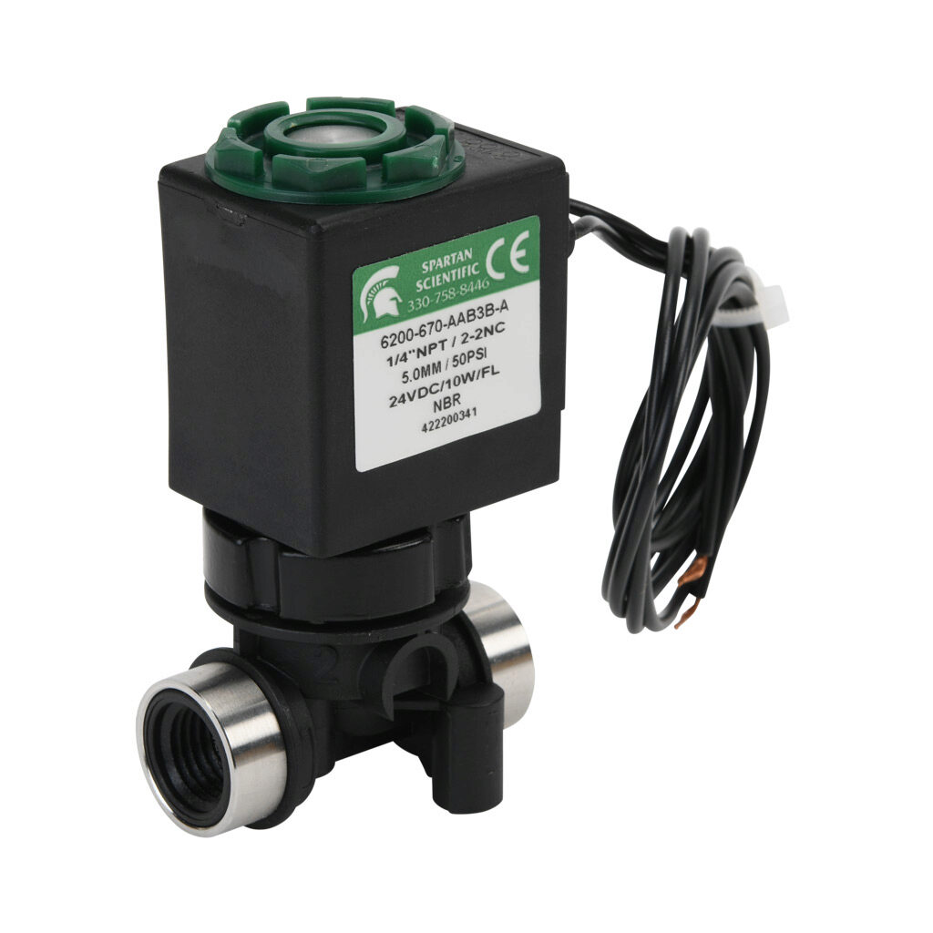 6200-670-AAB3B-A - Spartan solenoid valve, 2-way, 2-position, N.C., glass-filled nylon body, FKM seal(s), 1/4in female NPT inlet(s), 1/4in female NPT outlet(s), Cv=0.61, vacuum minimum operating pressure, 24 VDC operating voltage, 18in 22 AWG pigt...