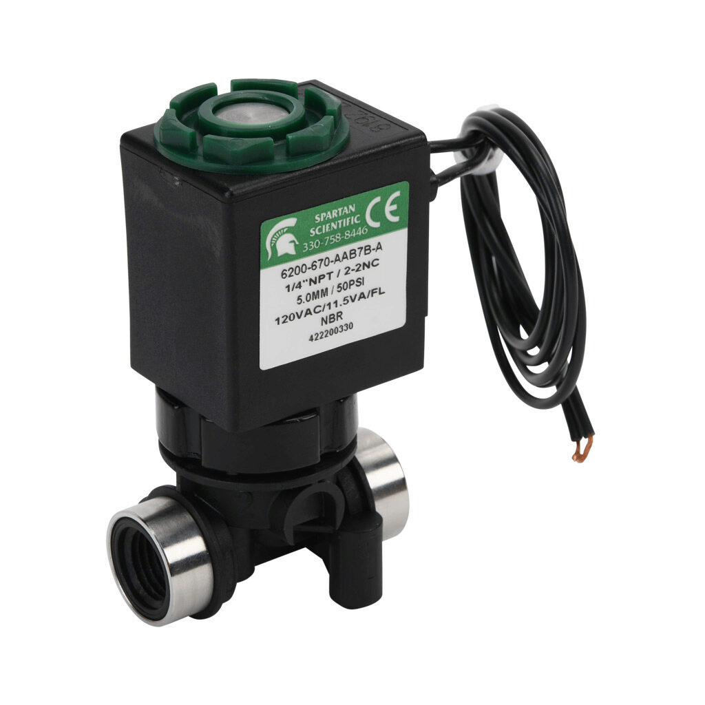 6200-670-AAB7B-A - Spartan solenoid valve, 2-way, 2-position, N.C., glass-filled nylon body, FKM seal(s), 1/4in female NPT inlet(s), 1/4in female NPT outlet(s), Cv=0.61, vacuum minimum operating pressure, 120 VAC operating voltage, 18in 22 AWG pig...