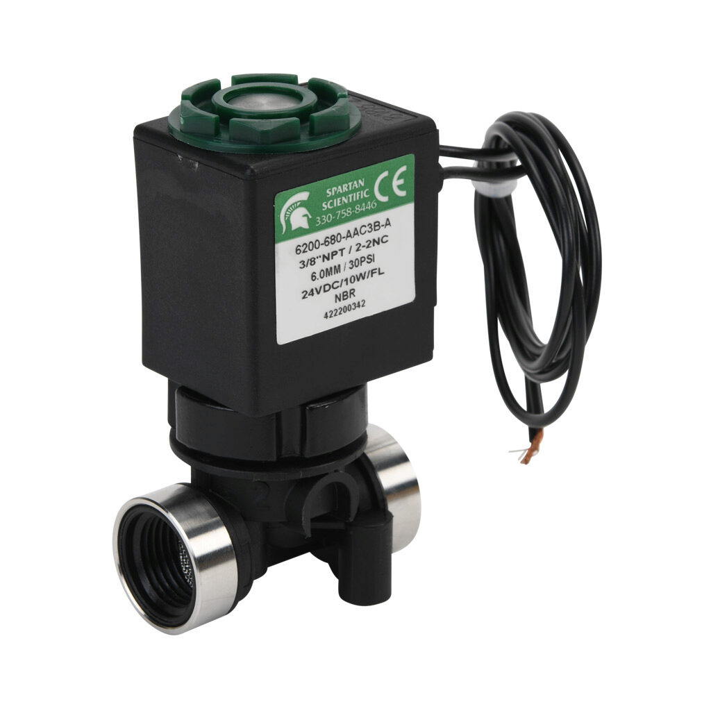 6200-680-AAC3B-A - Spartan solenoid valve, 2-way, 2-position, N.C., glass-filled nylon body, FKM seal(s), 3/8in female NPT inlet(s), 3/8in female NPT outlet(s), Cv=0.72, vacuum minimum operating pressure, 24 VDC operating voltage, 18in 22 AWG pigt...