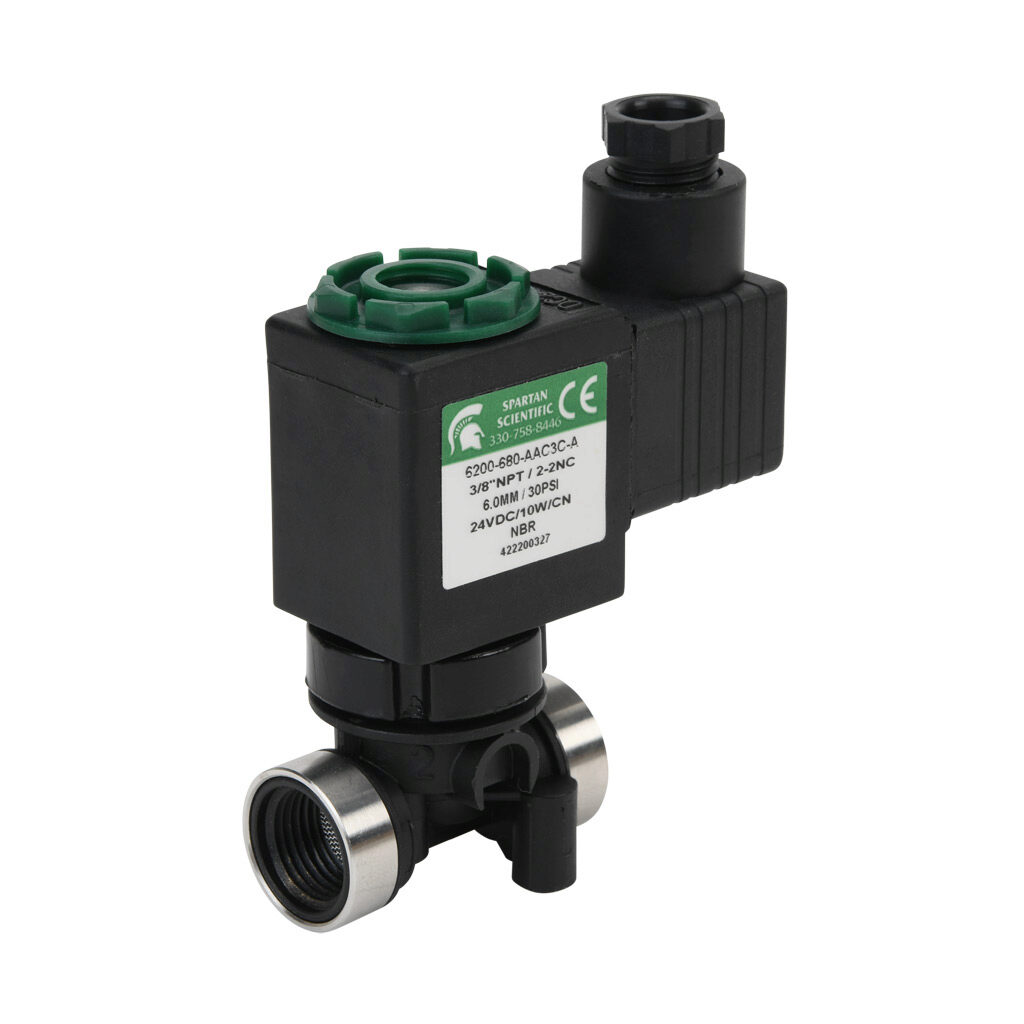 6200-680-AAC3C-A - Spartan solenoid valve, 2-way, 2-position, N.C., glass-filled nylon body, FKM seal(s), 3/8in female NPT inlet(s), 3/8in female NPT outlet(s), Cv=0.72, vacuum minimum operating pressure, 24 VDC operating voltage, 18mm DIN style w...