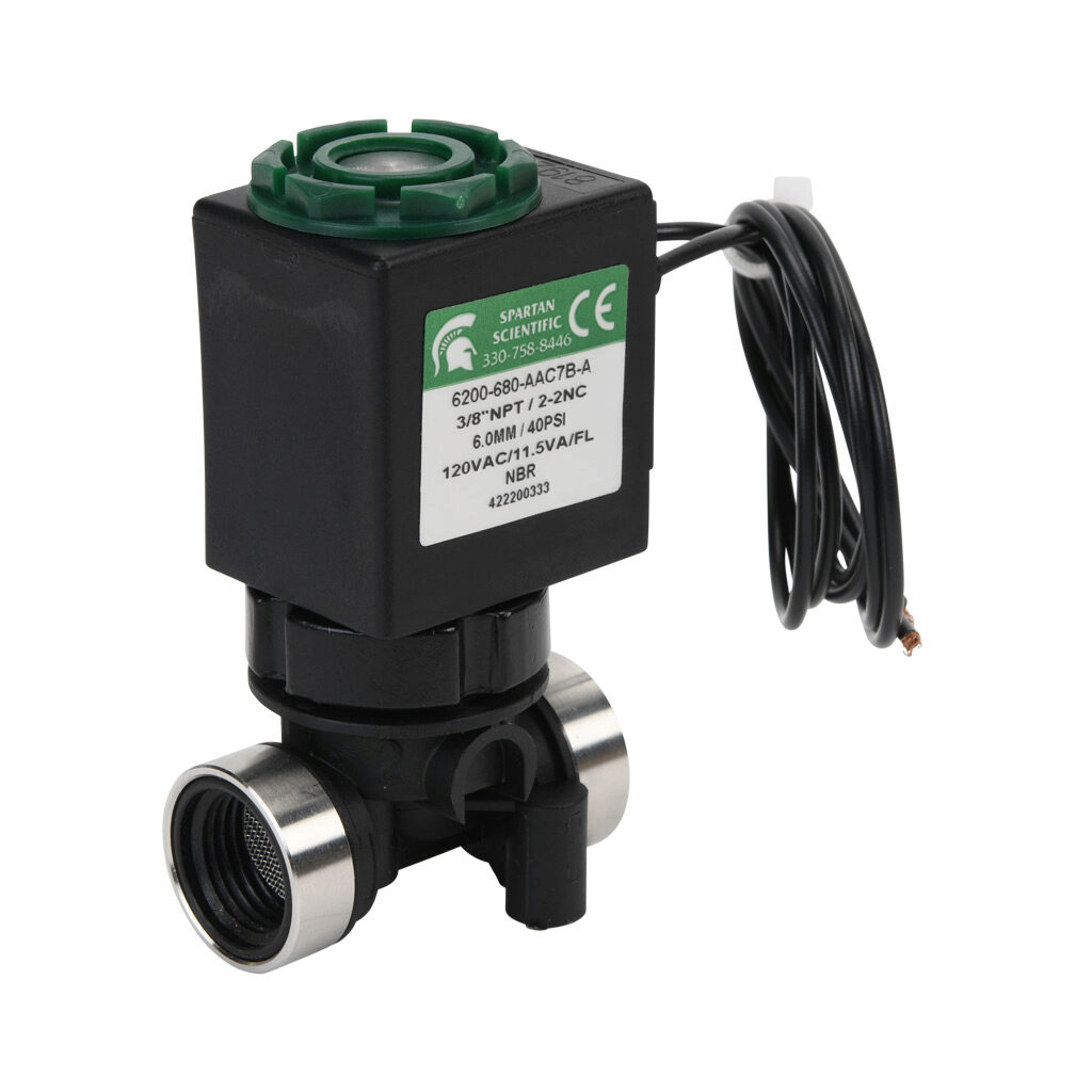 6200-680-AAC7B-A - Spartan solenoid valve, 2-way, 2-position, N.C., glass-filled nylon body, FKM seal(s), 3/8in female NPT inlet(s), 3/8in female NPT outlet(s), Cv=0.72, vacuum minimum operating pressure, 120 VAC operating voltage, 18in 22 AWG pig...