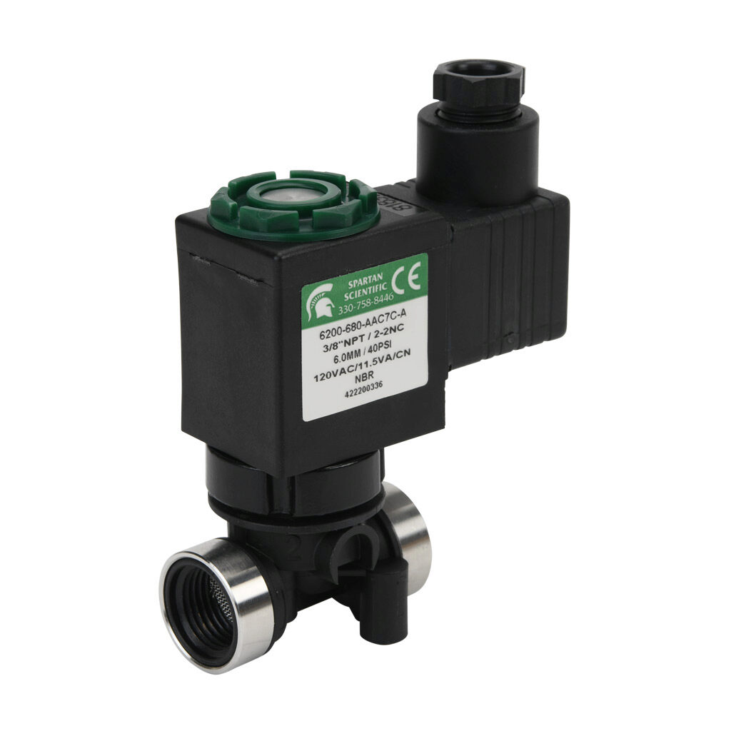 6200-680-AAC7C-A - Spartan solenoid valve, 2-way, 2-position, N.C., glass-filled nylon body, FKM seal(s), 3/8in female NPT inlet(s), 3/8in female NPT outlet(s), Cv=0.72, vacuum minimum operating pressure, 120 VAC operating voltage, 18mm DIN style ...