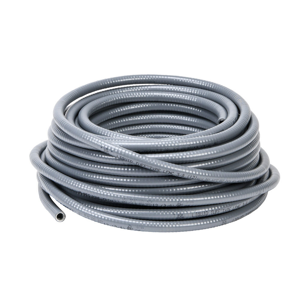 6201-30-00 - Atkore Liquid-Tuff 6200 liquid-tight flexible metallic conduit, galvanized low carbon steel, PVC jacket, 3/8in trade size, gray, UL-360 Listed, 100ft/30.4m coil length.