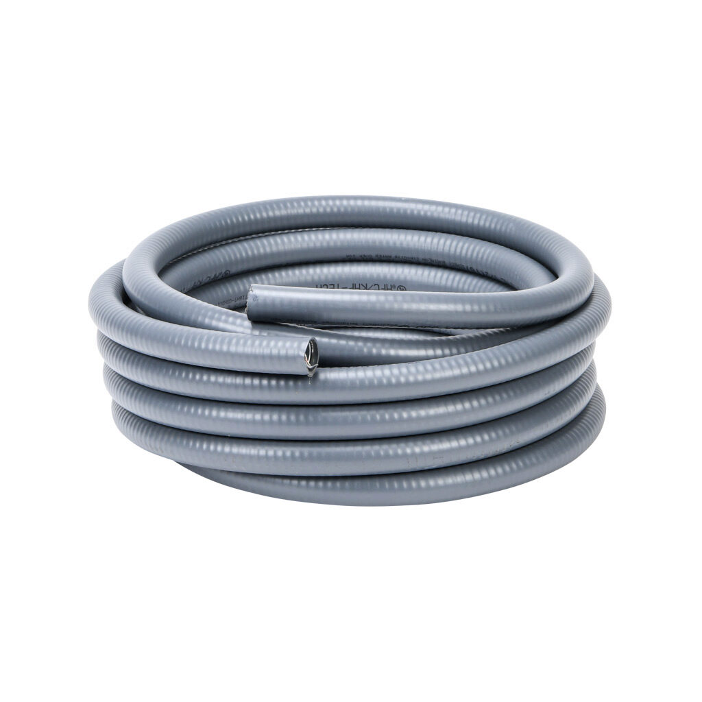 6202-22-00 - Atkore Liquid-Tuff 6200 liquid-tight flexible metallic conduit, galvanized low carbon steel, PVC jacket, 1/2in trade size, gray, UL-360 Listed, 25ft/7.6m coil length.