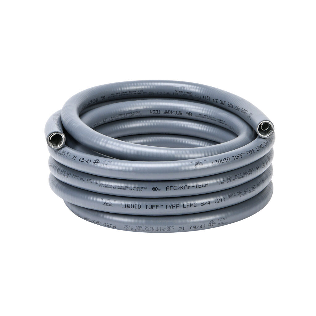 6203-22-00 - Atkore Liquid-Tuff 6200 liquid-tight flexible metallic conduit, galvanized low carbon steel, PVC jacket, 3/4in trade size, gray, UL-360 Listed, 25ft/7.6m coil length.