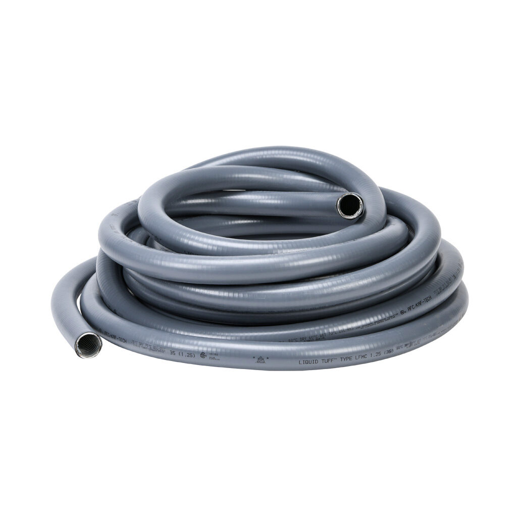 6205-24-00 - Atkore Liquid-Tuff 6200 liquid-tight flexible metallic conduit, galvanized low carbon steel, PVC jacket, 1-1/4in trade size, gray, UL-360 Listed, 50ft/15.2m coil length.