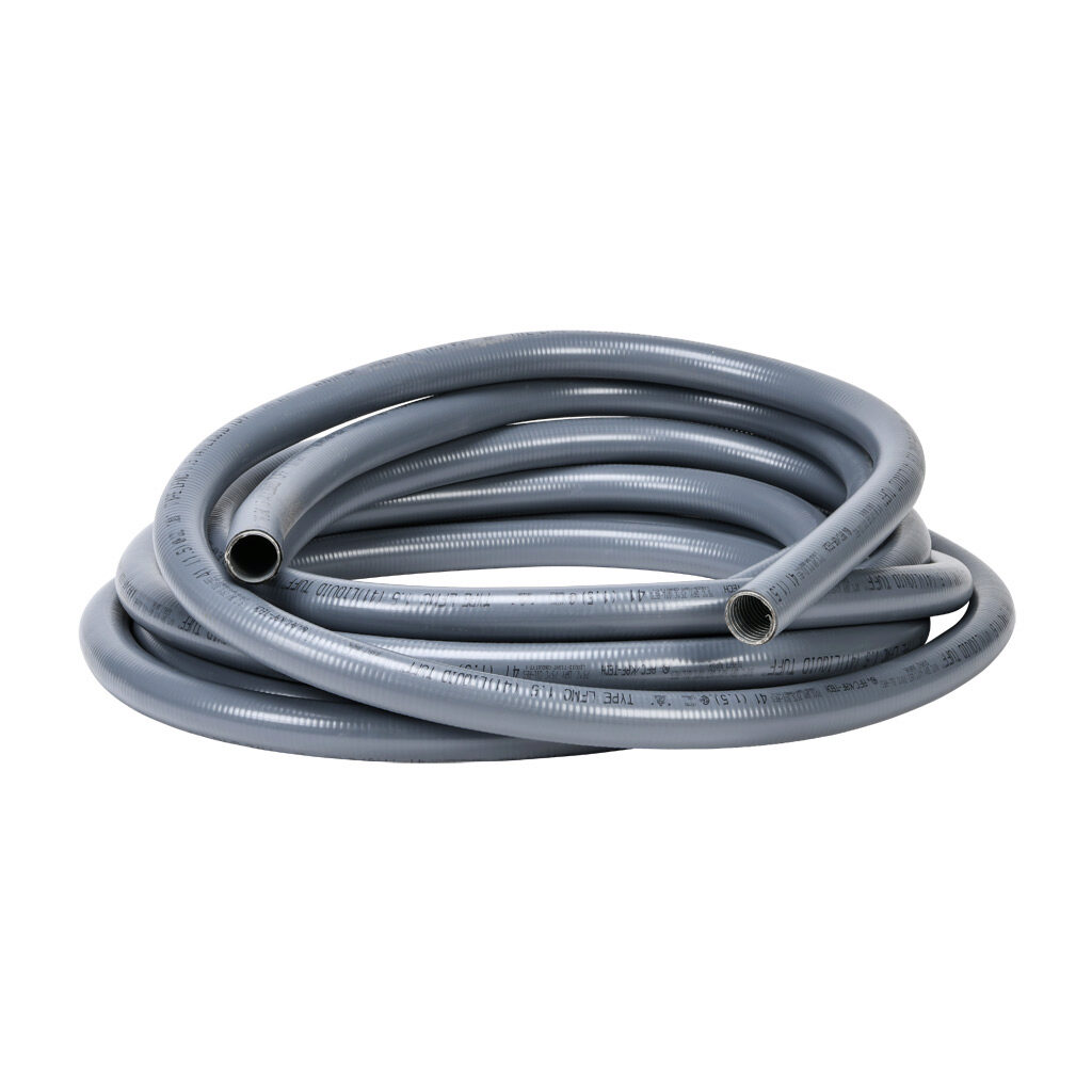 6206-24-00 - Atkore Liquid-Tuff 6200 liquid-tight flexible metallic conduit, galvanized low carbon steel, PVC jacket, 1-1/2in trade size, gray, UL-360 Listed, 50ft/15.2m coil length.